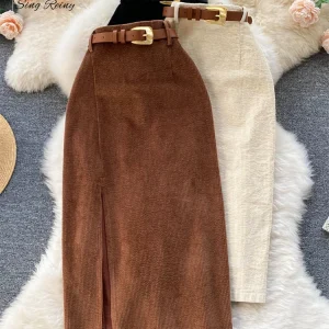 SINGREINY Donne Coreano Split Gonna Lunga Sexy 2024 Velluto A Coste di Inverno Sottile di Spessore Streetwear Moda Vintage Autunno Gonna Aderente 1