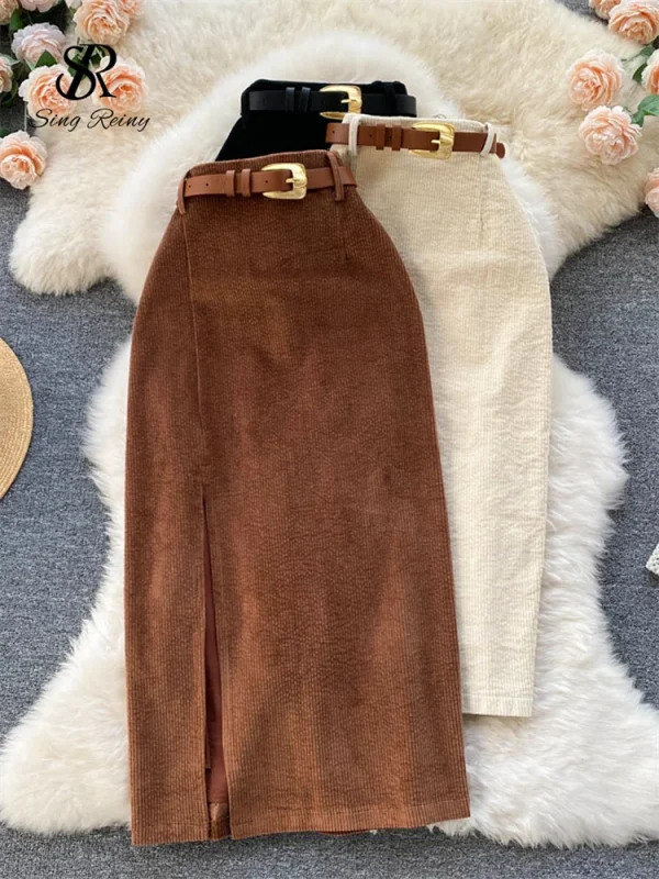 SINGREINY Donne Coreano Split Gonna Lunga Sexy 2024 Velluto A Coste di Inverno Sottile di Spessore Streetwear Moda Vintage Autunno Gonna Aderente 1