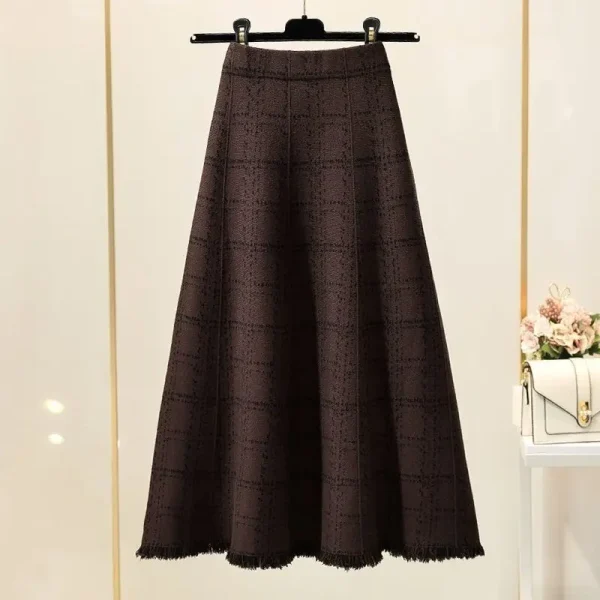 Gonna midi scozzese con nappe da donna in autunno e inverno, temperamento a vita alta, gonna lavorata a maglia a trapezio da medio a lunga versatile 2