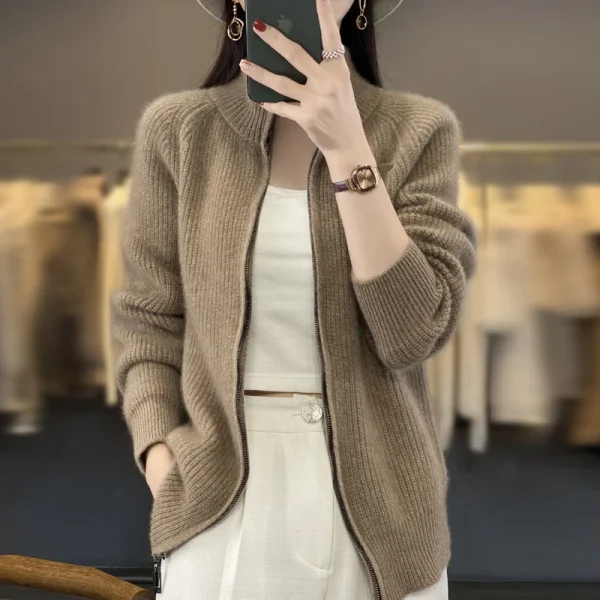 Cardigan con cerniera in pura lana al 100%, spalla imbottita, colletto alla coreana, cappotto lavorato a maglia in cashmere da donna, nuovo maglione con risvolto 3