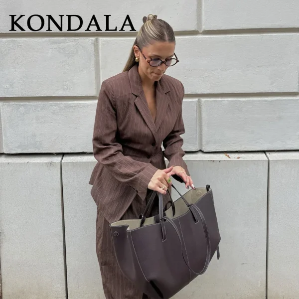 KONDALA 2025 Autunno Inverno A righe Office Lady Abiti Moda Elegante Marrone Telai Allentati monopetto Blazer Chic Pantaloni a gamba larga 3
