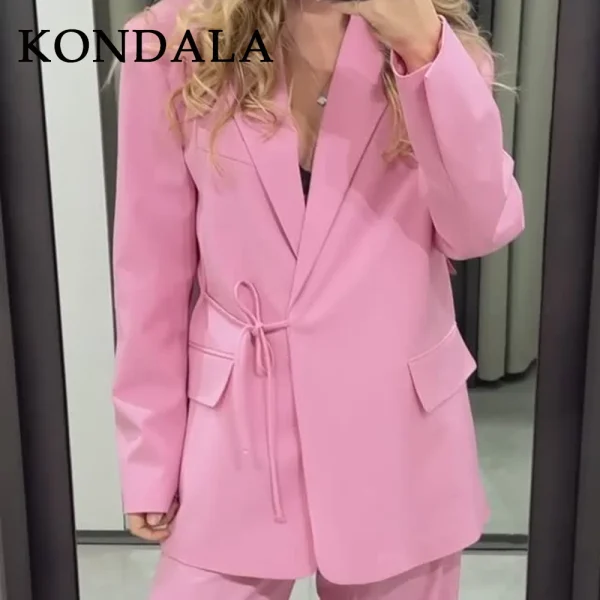 KONDALA 2025 Autunno Inverno Office Lady Blazer eleganti Moda Casual Solid Pink Lace Up Coprispalle Dritto Chic Blazer da donna 3