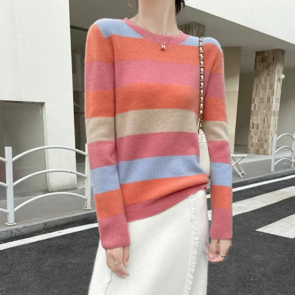 Moda 100% lana merino O-Collo lavorato a maglia maglione a righe colorate maniche lunghe pullover cashmere basic morbido abbigliamento casual Top 3