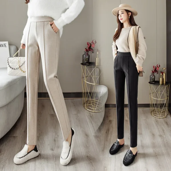 Pantaloni di lana Pantaloni a matita Harem da donna 2024 Autunno Inverno Vita alta Addensare Pantaloni da abito in velluto Pantaloni da donna da ufficio 2