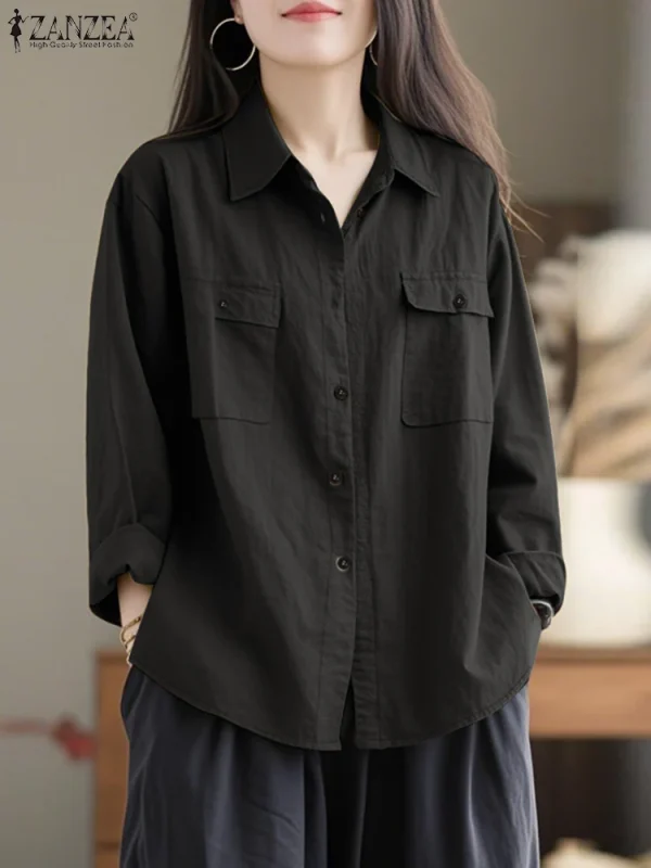 2025 ZANZEA Camicia moda autunno Camicetta da donna Collo con risvolto Top a maniche lunghe Elegante Solido Allentato OL Camicie da lavoro Tunica Blusas Femme 3