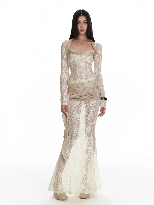 REDDACHiC Donna Coprispalle Top Gonna Set Pizzo floreale Vedere attraverso T-shirt a maniche lunghe Sirena Flowy Maxi Gonna Festival Costumi per feste 4