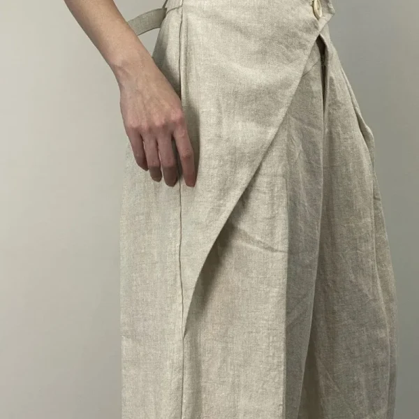 Pantaloni a gamba larga pieghettati casual da donna alla moda chic Texture in lino Pantaloni larghi a vita alta tutti abbinati Mujer Pantalones 3