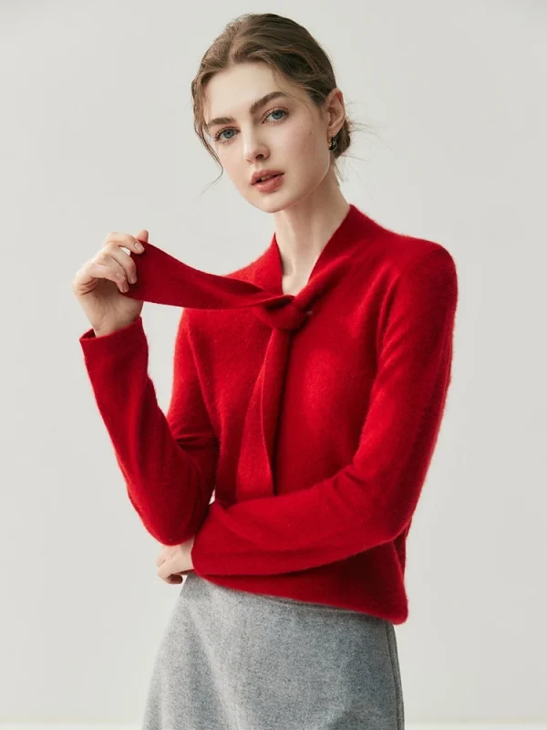 CHICUU Maglione pullover con colletto con lacci da donna 100% maglia di cashmere Office Lady Maglieria basic in cashmere a maniche lunghe Autunno Inverno 4