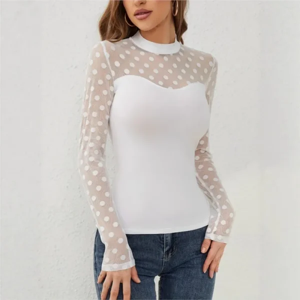 Nuova maglietta autunno e inverno in pizzo patchwork a pois da donna a maniche lunghe con colletto rialzato è dimagrante e versatile 4