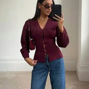 HH Cappotti eleganti lavorati a maglia da donna Moda Cardigan sottile con scollo a V rosso bordeaux Autunno Office Lady Chic Solid Capispalla a maniche lunghe 1