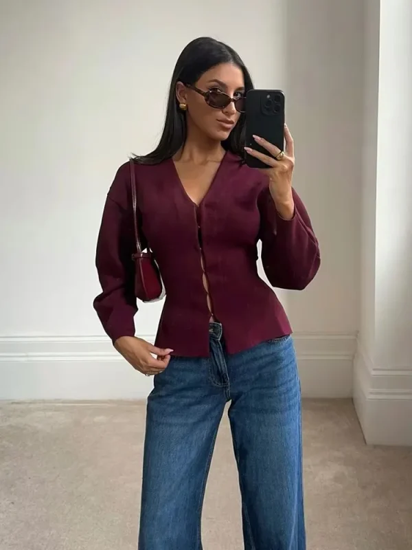 HH Cappotti eleganti lavorati a maglia da donna Moda Cardigan sottile con scollo a V rosso bordeaux Autunno Office Lady Chic Solid Capispalla a maniche lunghe 1
