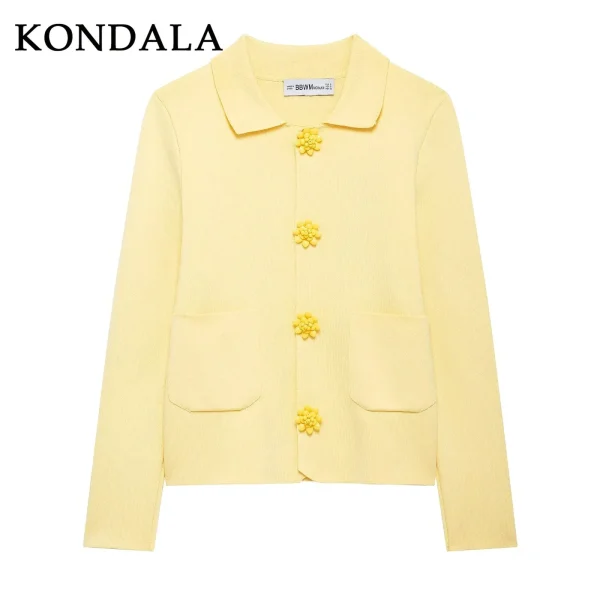 KONDALA 2025 Autunno Inverno Burro Giallo Lavorato A Maglia Donne Giubbotti Moda Streetwear Couverture Colletto Solido Bottone Dritto Cappotti Della Signora 6