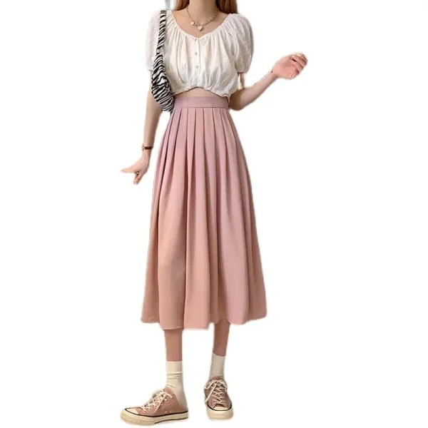Gonna midi nera a trapezio da donna Primavera Estate Autunno Inverno Gonna a metà corpo a pieghe a vita alta in puro colore stile coreano 5