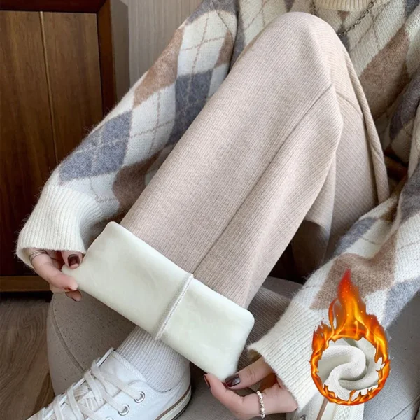 Pantaloni in pile a vita alta da donna invernale Pantaloni termici caldi a gamba dritta Pantaloni classici con coulisse solidi femminili 5
