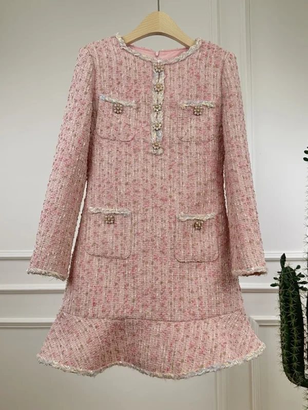 Abito di lana stile rosa delicato con piccola fragranza Abiti di lana a sirena con bottoni di lusso eleganti di fascia alta da donna 1