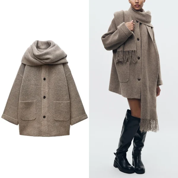 Cardigan lavorato a maglia da donna con sciarpa Giacca casual slim Manica lunga Giacca con tasca patchwork Giacca elegante da ufficio Donna Maglione Cappotto moda 1