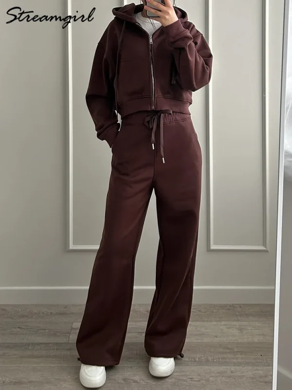 Tute da donna Tuta in pile invernale Marrone caldo Crop Zipper Felpe con cappuccio e pantaloni sportivi Set per donna Set di pantaloni in velluto da 2 pezzi 5