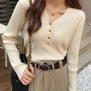 2025 Autunno Inverno Donna Maglioni Casual Bottone sottile Pullover lavorato a maglia Maglione Femme Basic Solid Jersey Top Abiti di moda 1