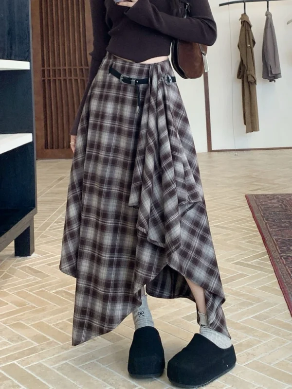 Qiukichonson Gonne lunghe Donna Gonna di lana 2025 Goth Autunno Inverno Vita alta Ruffles Gonna scozzese asimmetrica Maxi con cintura 6