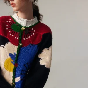 Cardigan moda donna di alta qualità con ricamo floreale vintage lavorato a maglia Tendenze moda autunno/inverno Nuovo in maglione chic 1