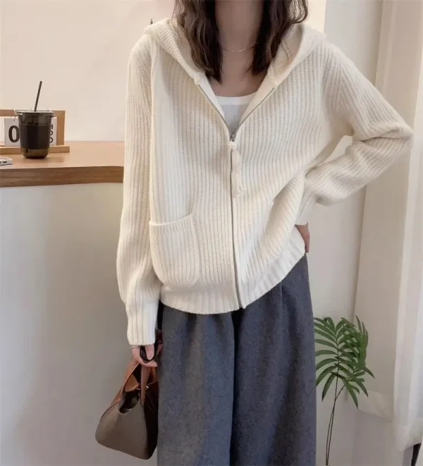 FRSEUCAG allentato casual 100% lana cardigan lavorato a maglia maglione con cappuccio da donna maglione di lana da donna a maniche lunghe corto vendita calda 3