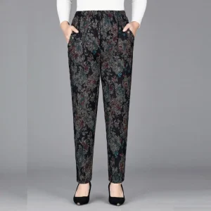 Tasche con bottoni stampa a vita alta da donna autunno e inverno pieghe elastiche moda Casual eleganti pantaloni a gamba dritta per pendolari 1