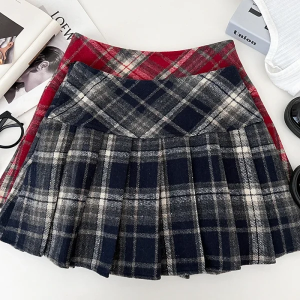 Gonna a pieghe scozzese autunno inverno Minigonna classica in tartan rosso di lana spessa da donna Abito natalizio Saia Feminina classico 6