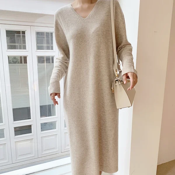 Abito lungo maglione donna 2024 autunno inverno nuovo scollo a V lavorato a maglia donna allentata maxi abito in cashmere abiti eleganti stile coreano 4