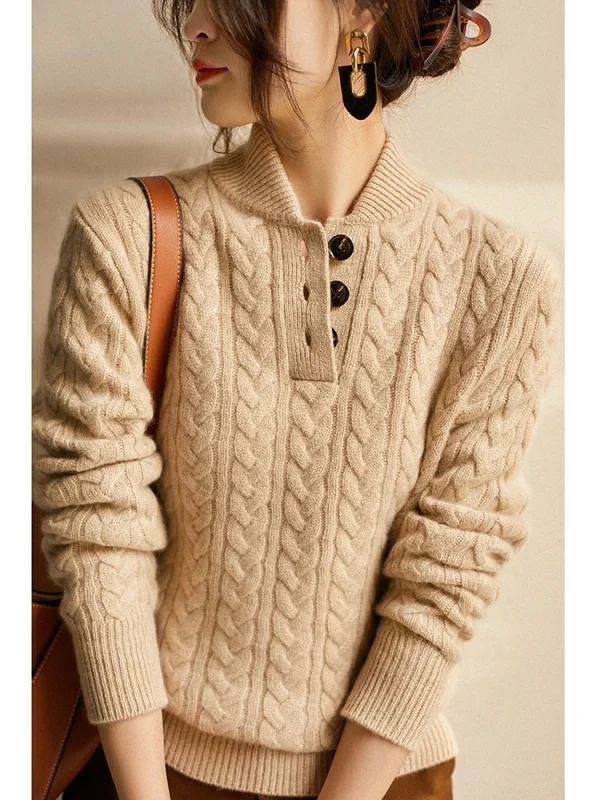 Pullover lavorato a maglia Top maglione, colletto rialzato, risvolto semiaperto, trama intrecciata, puro Cashmere, Baseball, elegante 5