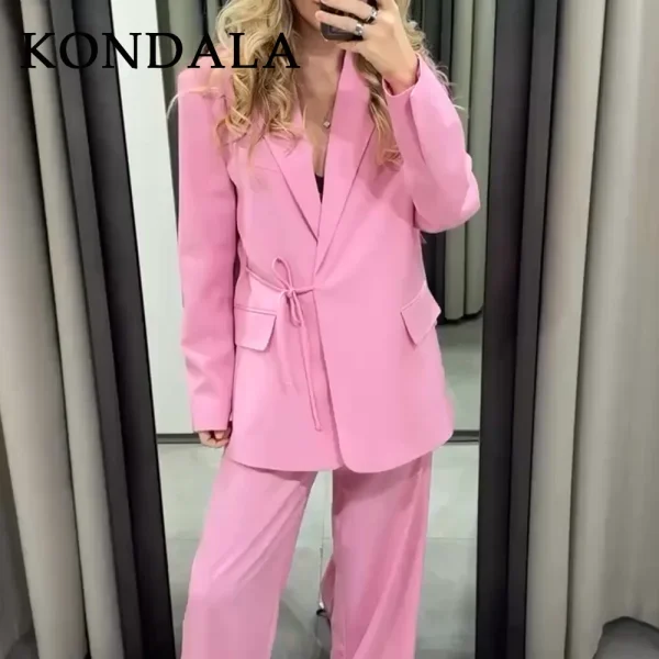 KONDALA 2025 Autunno Inverno Office Lady Blazer eleganti Moda Casual Solid Pink Lace Up Coprispalle Dritto Chic Blazer da donna 2