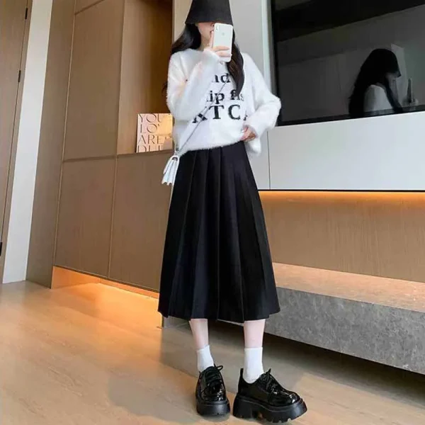 2025 nuove gonne a pieghe a vita alta per le donne autunno inverno addensare gonne di lana femminile stile college pieghe gonna lunga a-line 4