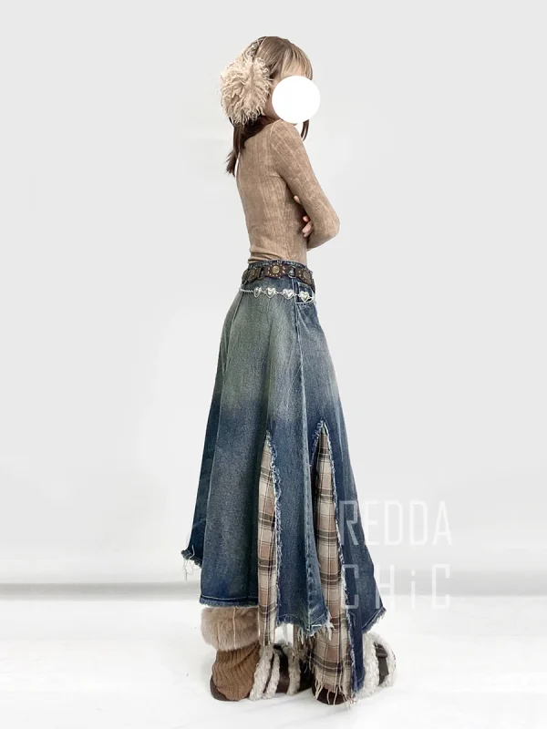 REDDACHiC Gonna di jeans scozzese patchwork irregolare Donna Do Old Gradient Overlay Vita Maxi Gonna jeans lunga Y2k Retro Streetwear 4