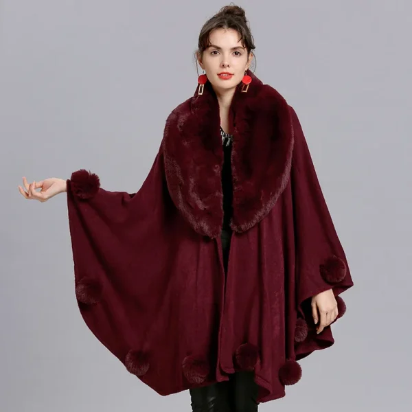Mantelle a pendolo grande da donna Poncho scialle con palla di pelo invernale maglione lavorato a maglia oversize grande Cardigan con collo in pelliccia di volpe sintetica soprabito con Pompon 6