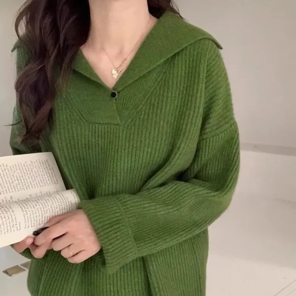 2025 Maglione lavorato a maglia strutturato con colletto blu scuro alla moda da donna Top casual pullover morbido e caldo stile pigro invernale 4