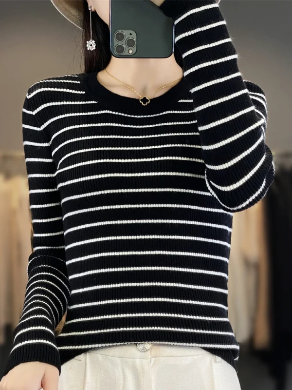 Maglione da donna O-Collo a maniche lunghe a righe Pullover caldi Autunno Inverno Maglione lavorato a maglia Camicie coreane alla moda primaverile 3