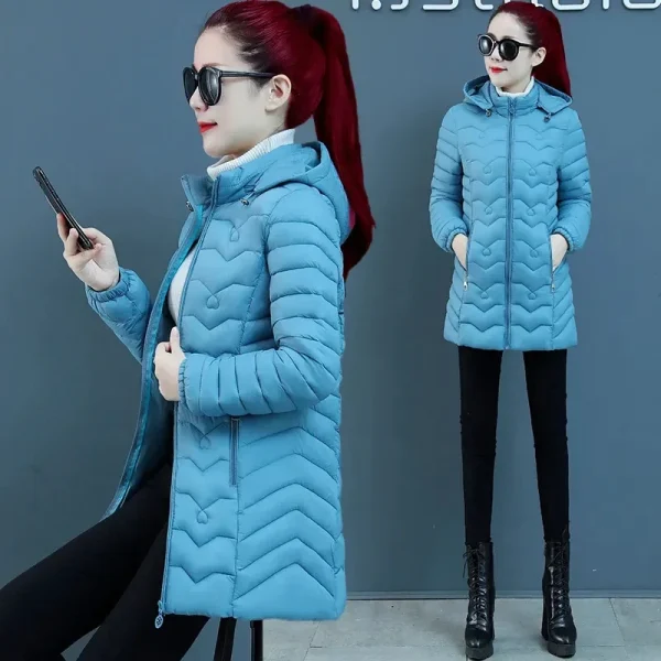 Nuovo Autunno inverno Parka Giacca imbottita calda moda donna Manica lunga con cappuccio Cappotto di cotone di media lunghezza femminile tuta sportiva sottile T528 5