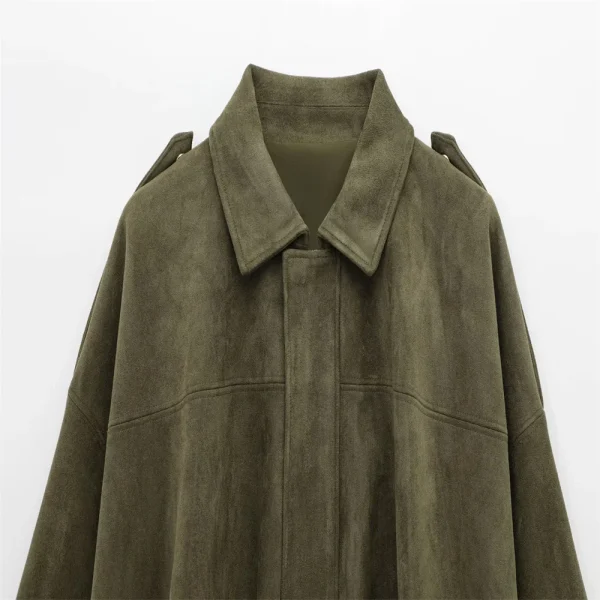 2025 Giacca da donna con colletto in finta pelle scamosciata con spalline, vestibilità ampia, elegante verde oliva in vendita 3