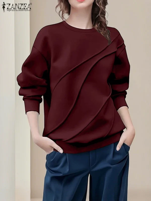 ZANZEA 2025 Felpe da donna Solido Manica lunga Casual Felpe allentate Moda O-Collo Autunno Pullover Capispalla a pieghe 1