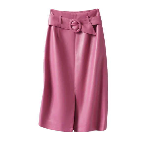 Gonna in vera pelle rosa moda donna a vita alta gonna morbida in pelle di pecora divisa sui fianchi gonna di media lunghezza slim fit primavera autunno 6