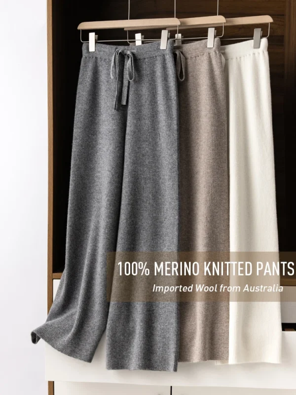 100% lana lavorata a maglia costole pesanti pantaloni larghi a gamba larga lunghezza del pavimento pantaloni All-match lana morbida donna autunno inverno pantaloni Casual #15 2