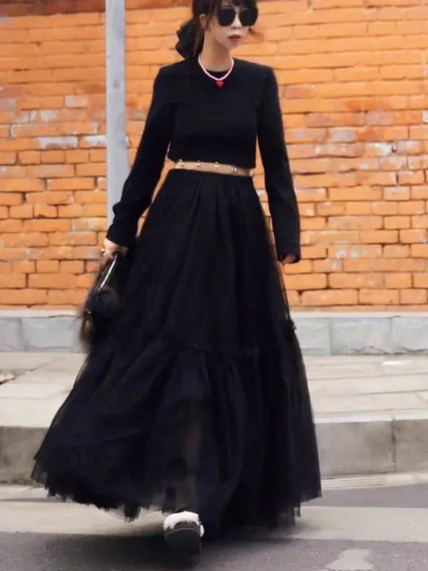 Gonna da donna in tulle con volant multistrato Gonna lunga soffice a pieghe a vita alta Abito da torta da fata Gonna lunga da festa con tutù 6
