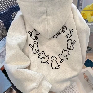 Felpa con cappuccio ampia casual autunnale e invernale da donna con stampa di gatti e pullover a maniche lunghe girocollo caldo e peluche 1