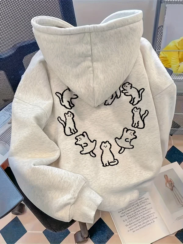 Felpa con cappuccio ampia casual autunnale e invernale da donna con stampa di gatti e pullover a maniche lunghe girocollo caldo e peluche 1