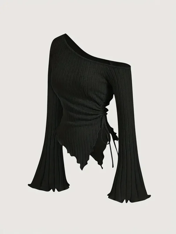 2025 nuove donne casual di nicchia tinta unita design senso lavorato a maglia pit stripe maniche lunghe cravatta con orlo irregolare 3