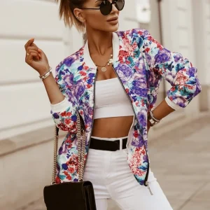 Giacca da donna a maniche lunghe con stampa floreale moda Zipper Up cappotto Vintage top eleganti giacche da donna di base sottili 1