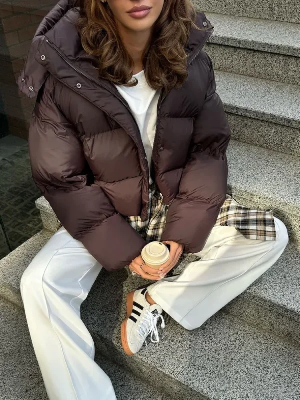 Cappotto corto in cotone marrone tinta unita Cappotto casual da donna con risvolto manica intera monopetto giacca ampia invernale da ufficio 2025 4
