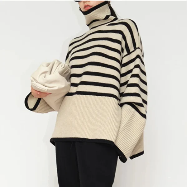 2025 Pullover dolcevita a righe da donna Maglioni con spacco laterale a colori a contrasto a costine Autunno Inverno Y2K Chic High Street Top lunghi 3