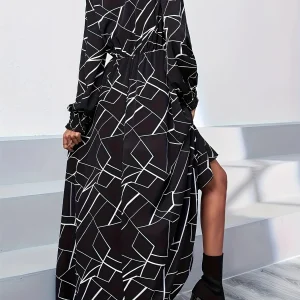 Abito lungo da donna con scollo a V a maniche lunghe con stampa geometrica in bianco e nero - Abito casual elegante autunno inverno 1