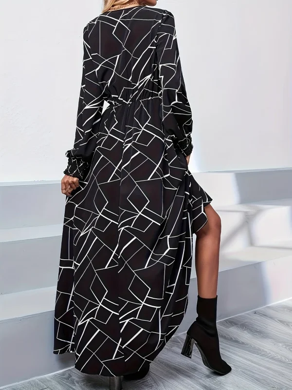 Abito lungo da donna con scollo a V a maniche lunghe con stampa geometrica in bianco e nero - Abito casual elegante autunno inverno 1