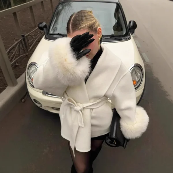 2025 Autunno Chic Risvolto Cappotto di Peluche Con Cintura Donna Vintage Manica In Pelliccia Sintetica Tweed Cappotti Aperti Femminile Inverno Casual Strada Outwear 4